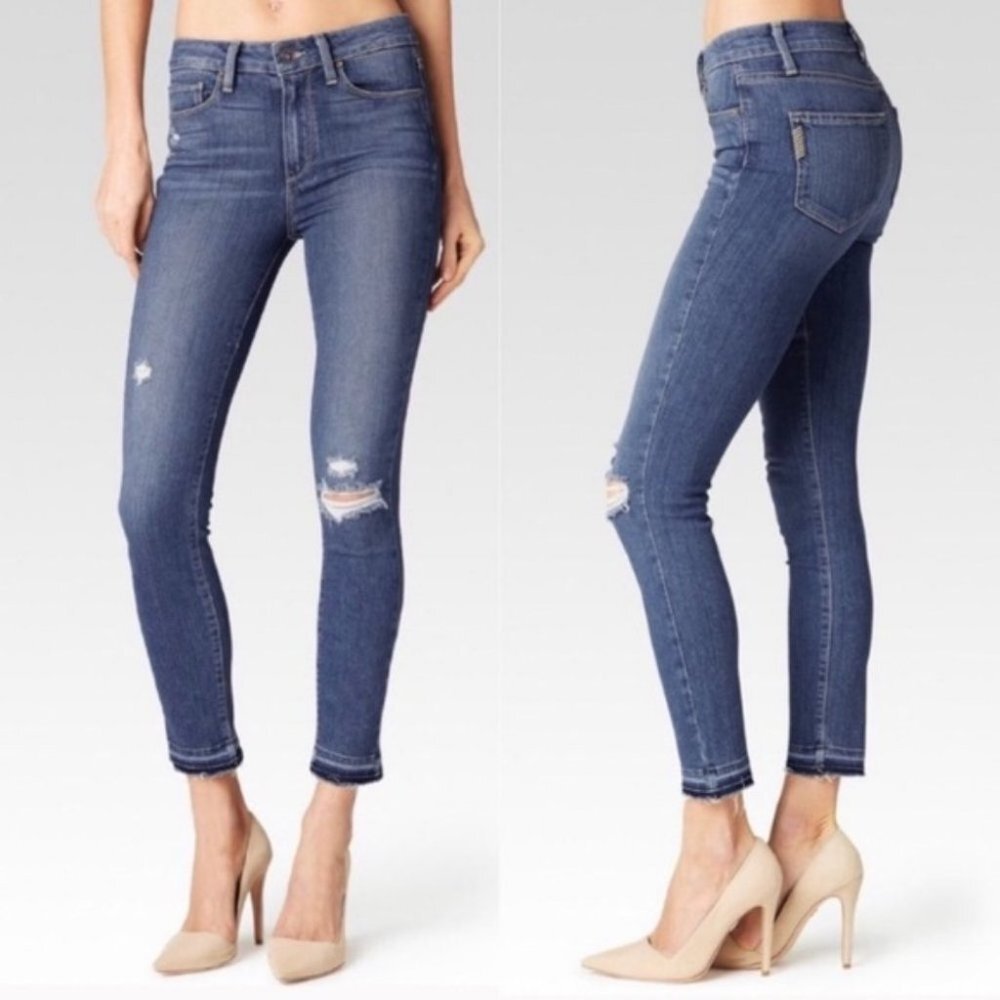 Paige Lexi‎ Hoxton Crop Destructed Folded Raw Hem Denim Jeans Size 24 Mid Rise